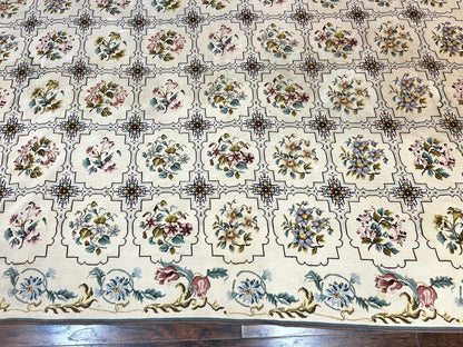 Needlepoint Rug 10x14, Wool Handmade Vintage Needlepoint Carpet, Floral Panel Design, Ivory/Cream