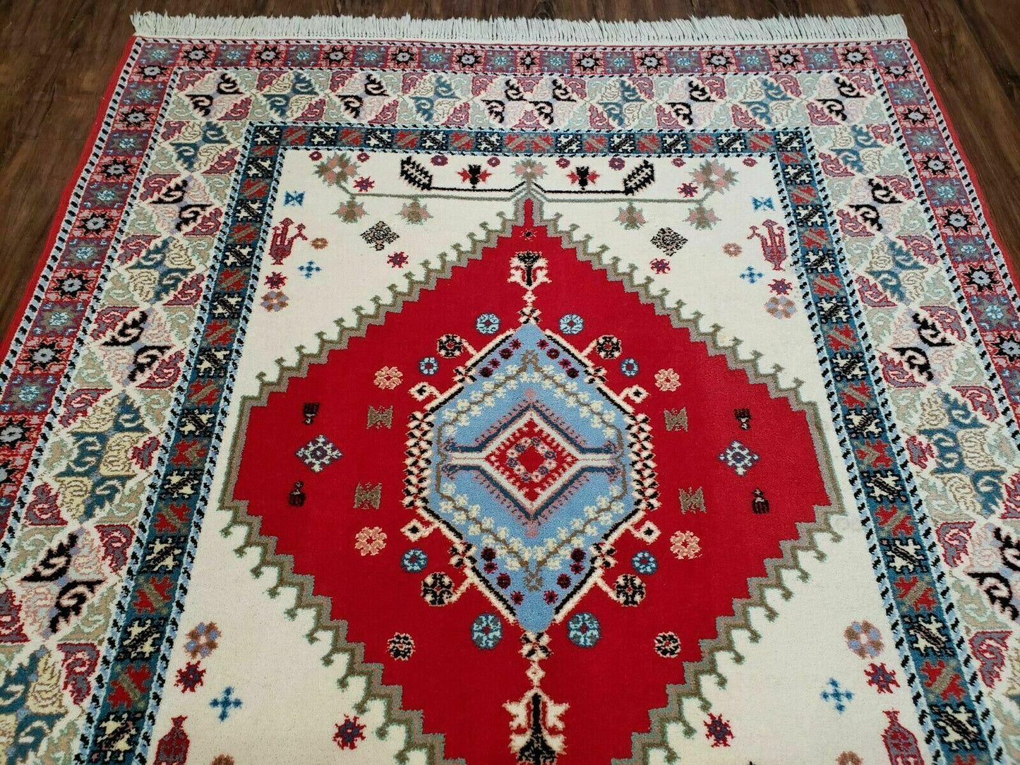 Vintage Moroccan Carpet 5x7 Area Rug, Berber Rug, Handmade Soft Wool Rug, Red Ivory and Blue, Geometric Medallion Rug, Bohemian Rug, Nice
