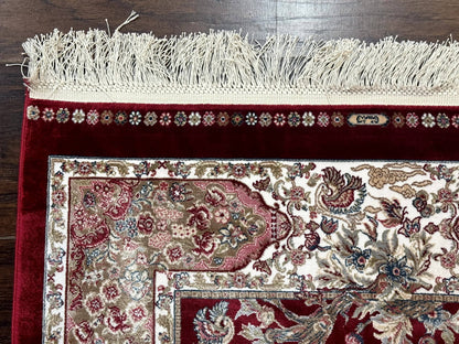 Dark Red Turkish Silk Rug 2.6 x 4, Hunting Design Scene, Bamboo Silk