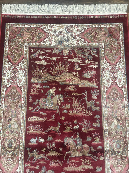 Turkish Silk Rug 3x5 Hunting Design Dark Red Ivory Bamboo Silk Area Rug
