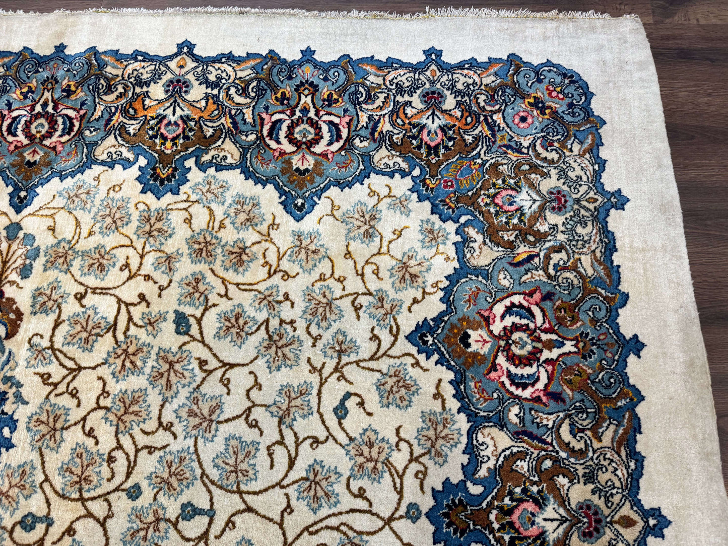 Persian Kashan Rug Hand Knotted Wool 9 X 12.6 Ivory And Blue Floral Medallion Semi Antique Carpet