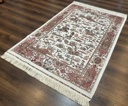 Turkish Silk Hunting Scene Rug 4x6 Ivory Bamboo Silk Contemporary Area Rug
