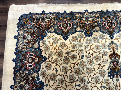 Persian Kashan Rug Hand Knotted Wool 9 X 12.6 Ivory And Blue Floral Medallion Semi Antique Carpet