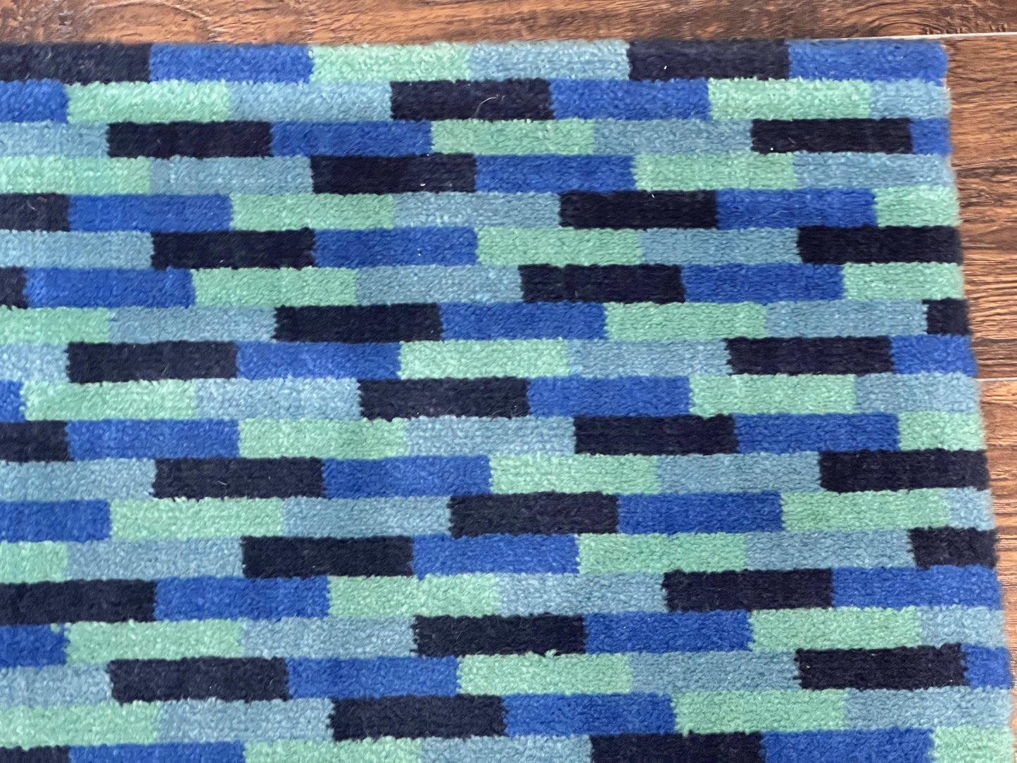 Wool Runner Rug Blue Multicolor Mosaic Design 4.7 x 12 Contemporary Power Loomed