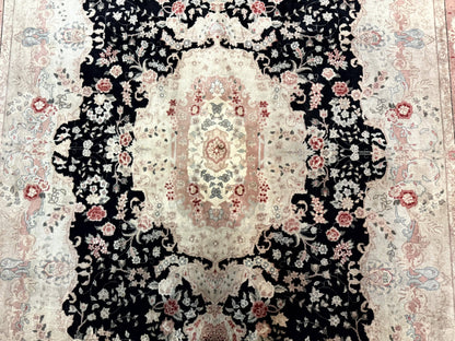 Pak Persian Tabriz Rug 8.6 x 11.6, Black Pink, Traditional Elegant Formal Oriental Carpet, Dining Room Rug, Fine 225 KPSI
