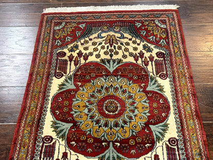 Persian Bijar Rug 2.6 x 4 Vintage Hand Knotted Wool Carpet Brick Red Ivory