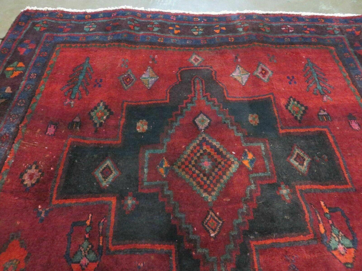 Antique Handmade Wool Rug India Geometric Oriental Vegetable Dyes 4x8 Vintage
