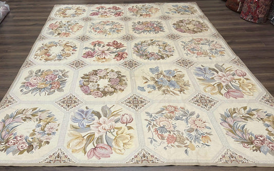 Vintage Needlepoint Rug 8x11, Floral Panel Design, Flatweave Handmade Needlepoint Carpet 8 x 11, Room Size Wool Needlepoint Rug, Cream Color