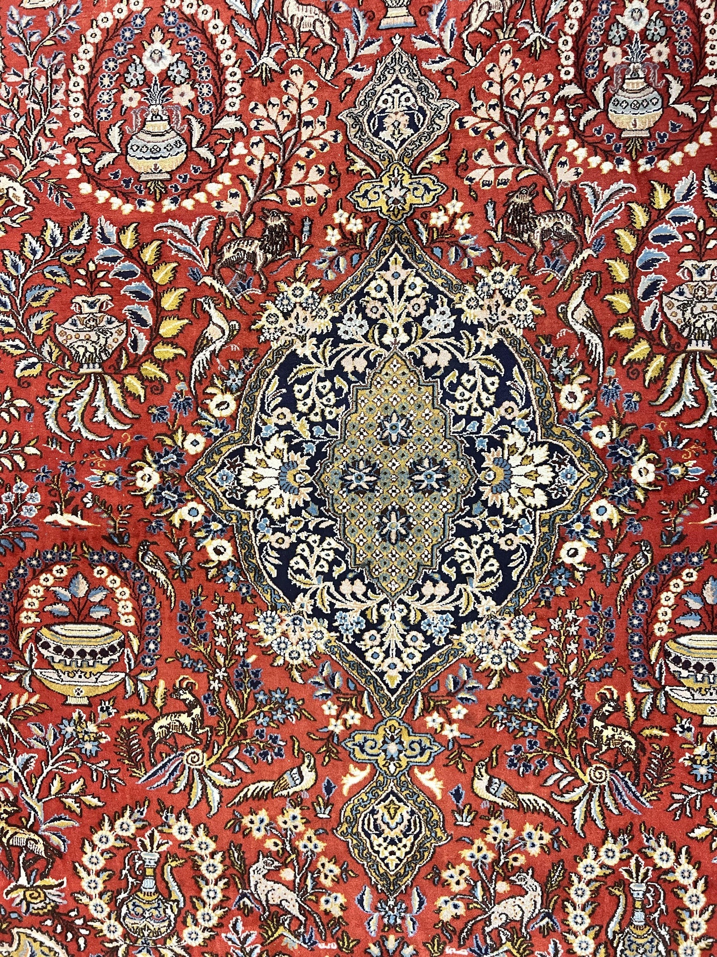 Persian Qum Rug 10x14 Hand Knotted Wool Silk Highlights Red Floral Semi Antique Vintage