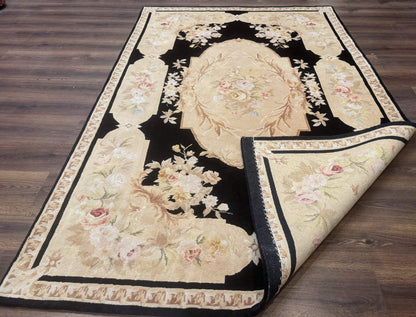 Aubusson Rug Chinese Wool 6x9 Black Floral Elegant Hand Knotted