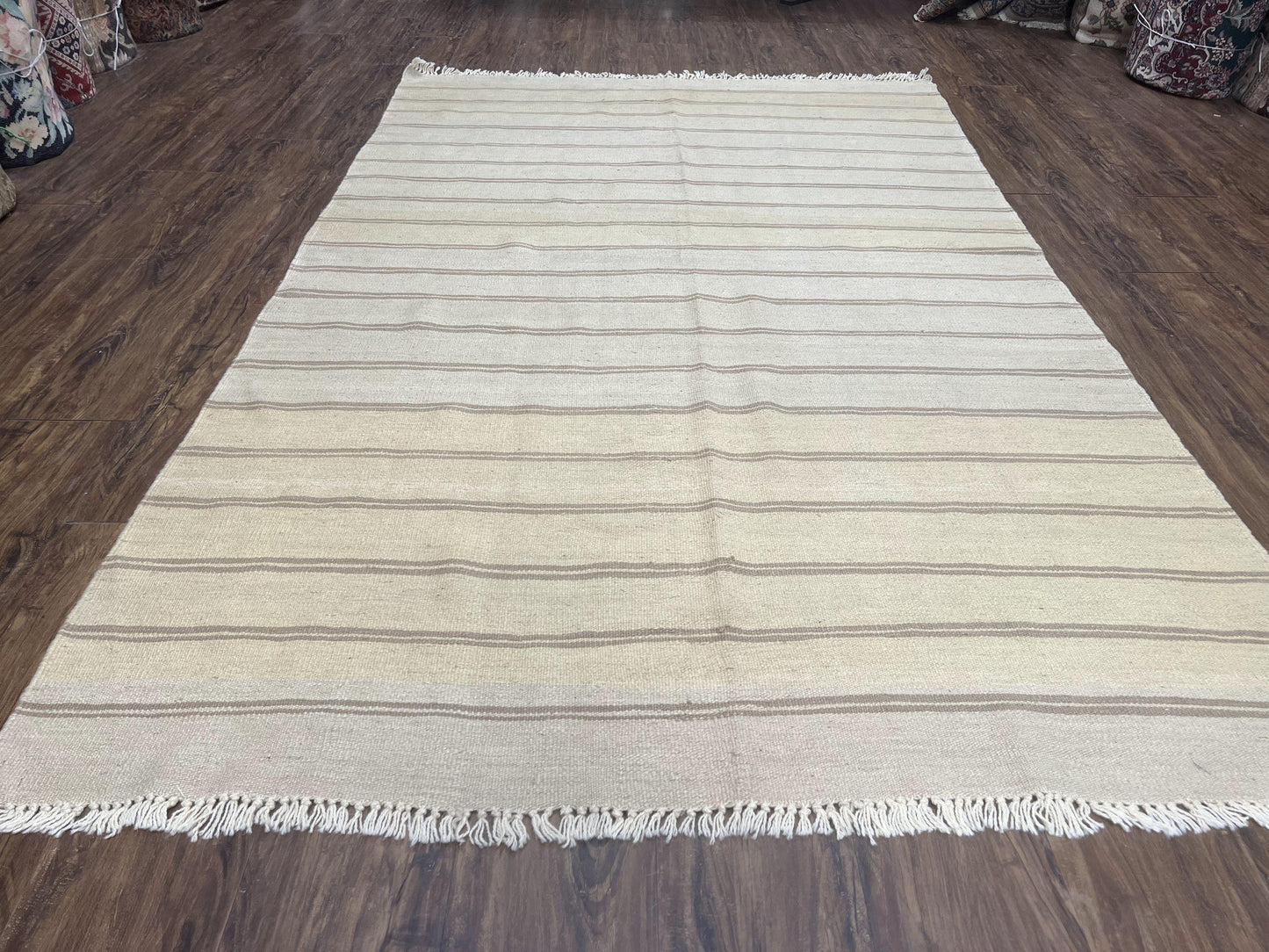 New Turkish Kilim Rug 5x8 Flatweave Wool Carpet Hand Woven Bohemian Contemporary Striped Gray Taupe