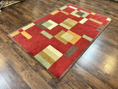Indo Tibetan Modern Rug 5x8, Abstract Rug 5 x 8 ft, Red Multicolor Wool Handmade Contemporary Area Rug