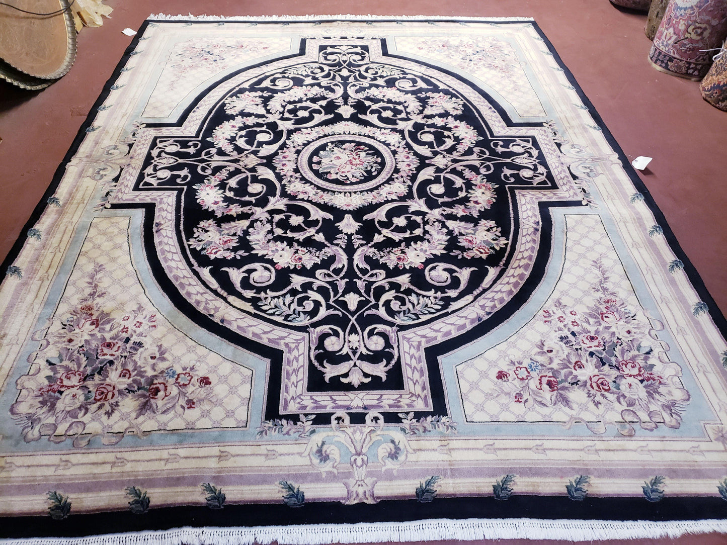 Aubusson Rug 8x10 Hand Knotted Wool Savonnerie Black Ivory French Design