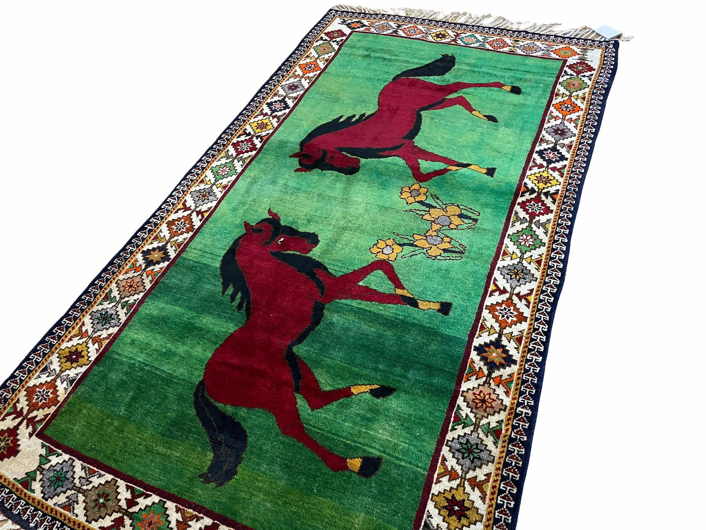 Handmade Wool Pictorial Horses Rug 4x7 Green Butterfly Colorful