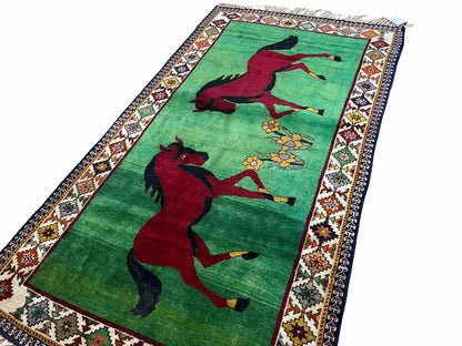 Handmade Wool Pictorial Horses Rug 4x7 Green Butterfly Colorful