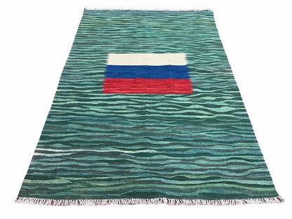 Kilim Area Rug Sea Green Handmade Wool Turkish Flatweave 5 Ft 6 In X 7 Ft 10 In