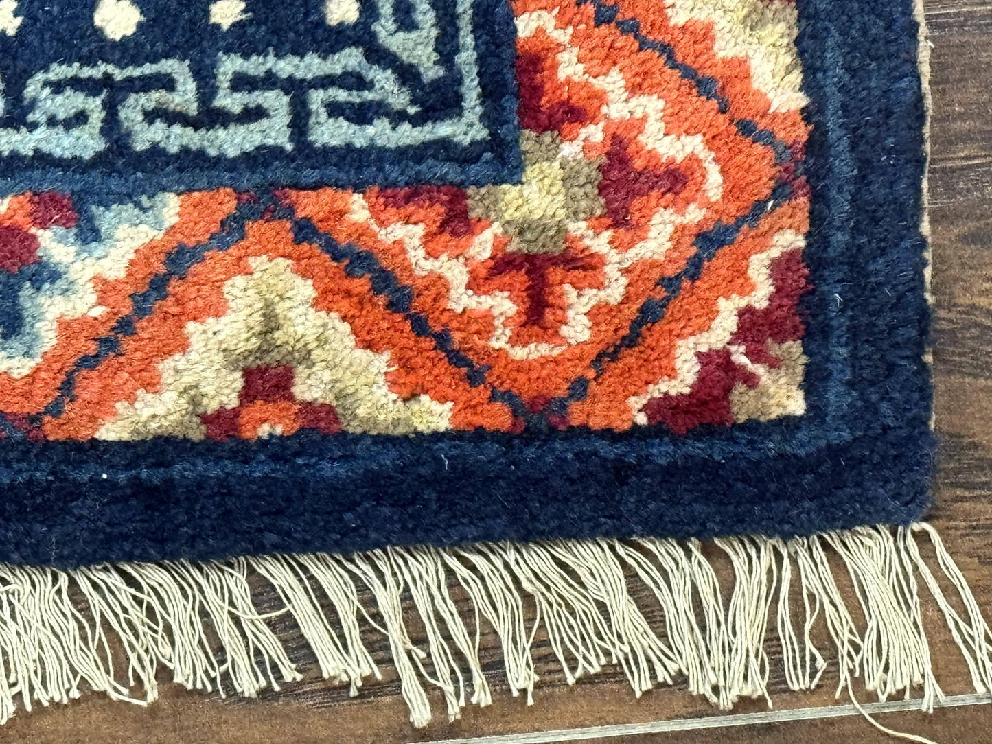 Small Antique Chinese Square Rug 2x3, Tibetan Rug, Red Orange Blue, 1920s Rug