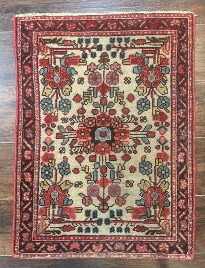 Small Antique Persian Rug 2x3, Beige and Red, Floral, Wool, Hamadan Rug
