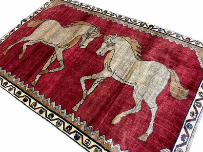 Handmade Hand Knotted Wool Rug 4x6 Vintage Horses Tribal Red Organic Dyes