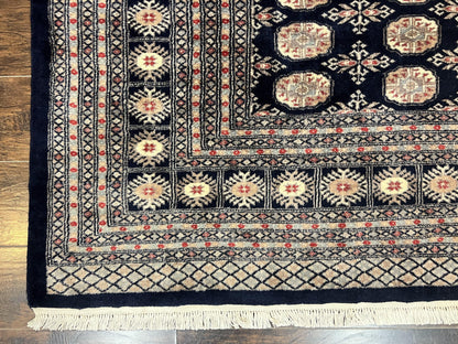 Pakistani Bokhara Rug 8x10 Hand Knotted Wool Vintage Carpet in Dark Blue Beige
