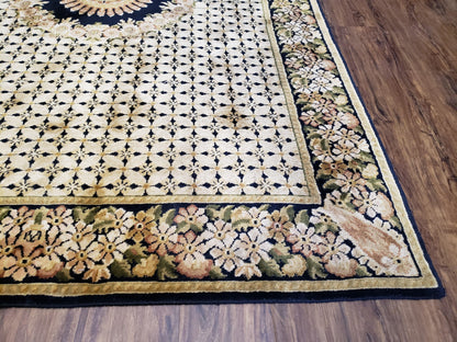 Indo Tibetan Wool Rug Handmade 6x8 Floral Border In Black Cream