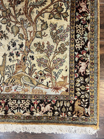 Silk Tree of Life Persian Qum Rug 3x4, Hand Knotted Vintage Carpet, Cream & Black, Very Fine Oriental Rug, Animal Pictorials, Birds