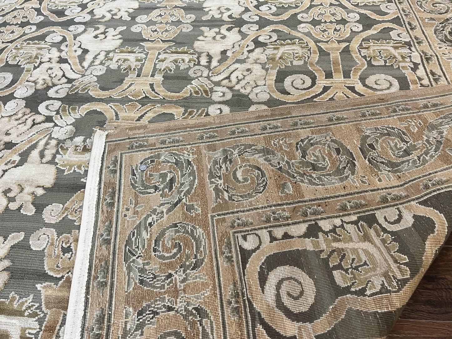 Spanish Wool Rug 11x14 Hand Knotted Vintage Floral Olive Green Beige European Design