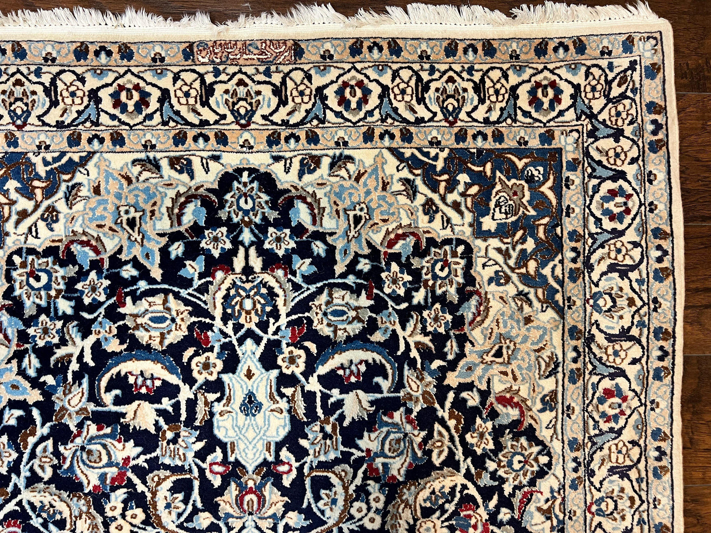 Persian Nain Rug 4x6, Floral, Hand Knotted Vintage Wool & Silk Highlights, Signature from Masterweaver, Navy Blue and Ivory