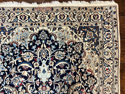 Persian Nain Rug 4x6, Floral, Hand Knotted Vintage Wool & Silk Highlights, Signature from Masterweaver, Navy Blue and Ivory