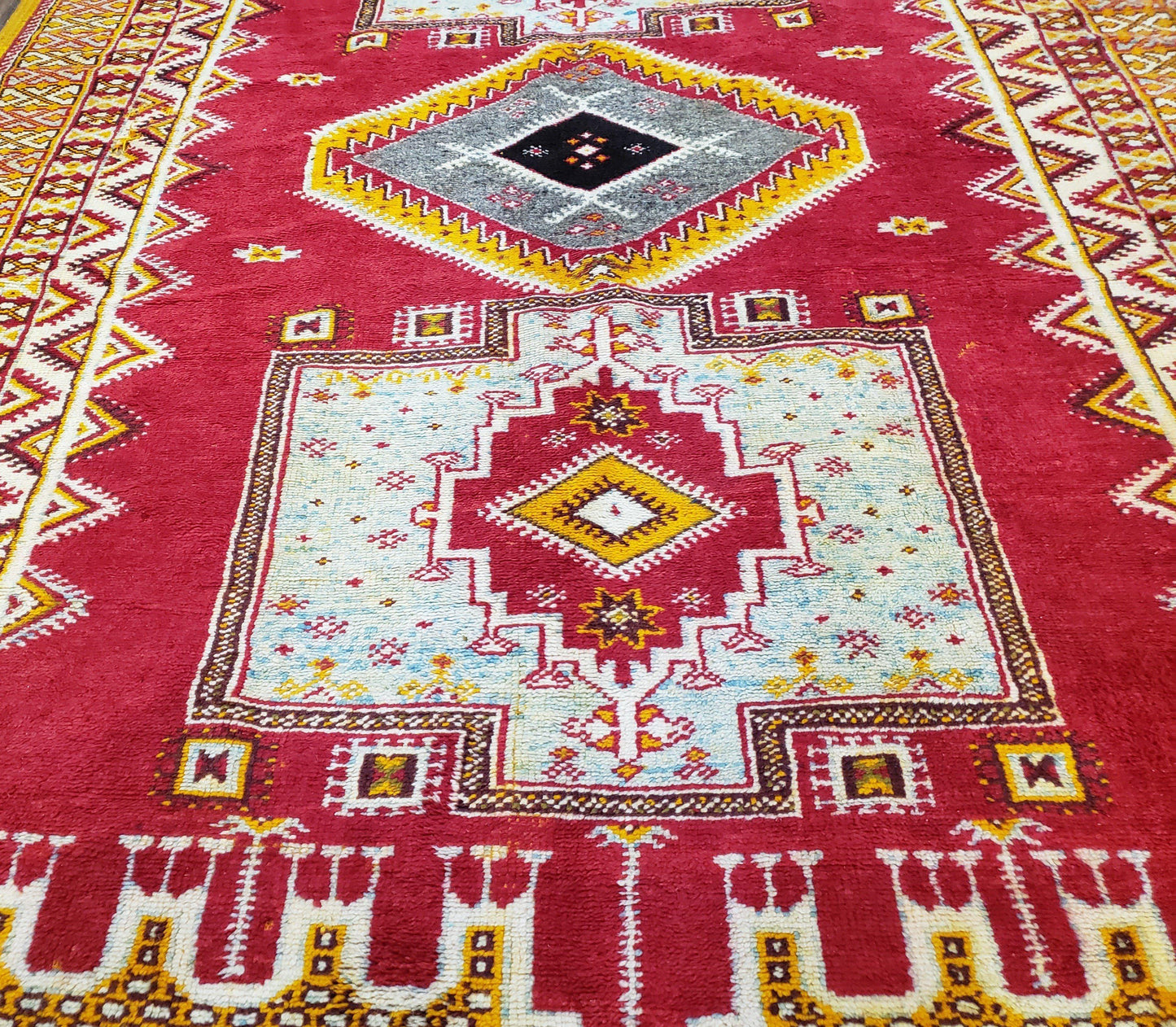 Vintage Moroccan Rug 6x10, Red and Yellow Moroccan Carpet, Handmade Bohemian Tribal Area Rug, Hand-Knotted 1970s Wool Rug, Medalions