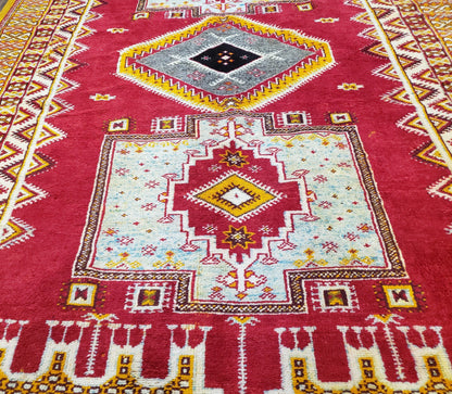 Vintage Moroccan Rug 6x10, Red and Yellow Moroccan Carpet, Handmade Bohemian Tribal Area Rug, Hand-Knotted 1970s Wool Rug, Medalions