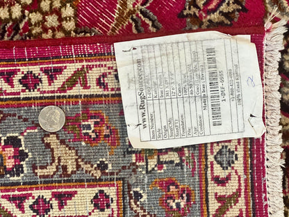 Persian Rug 10x13 Hand Knotted Wool Kashmar Carpet With Floral Medallion In Raspberry Red And Navy Blue