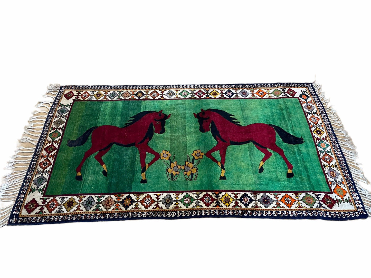 Handmade Wool Pictorial Horses Rug 4x7 Green Butterfly Colorful