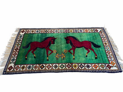 Handmade Wool Pictorial Horses Rug 4x7 Green Butterfly Colorful