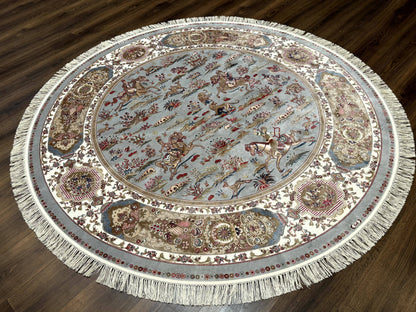 Round Silk Rug 6x6 Bamboo Silk Hunting Design With Animal Pictorials