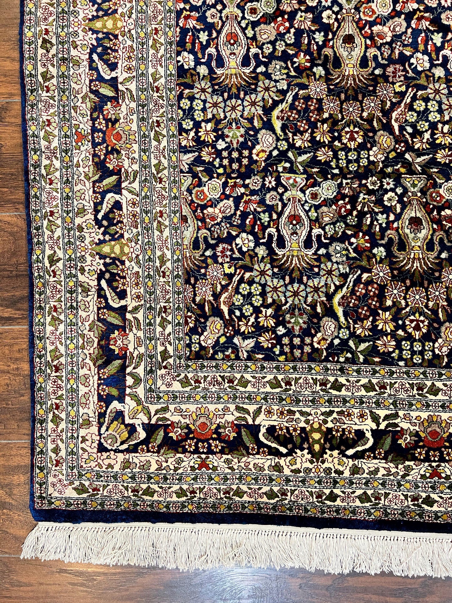 Kashmiri Silk Rug 5x7 Navy Blue Indo Persian Hand Knotted Birds Pattern Silk Carpet