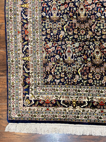 Kashmiri Silk Rug 5x7 Navy Blue Indo Persian Hand Knotted Birds Pattern Silk Carpet