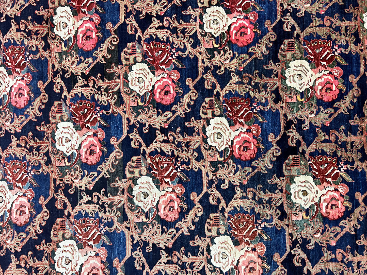 Persian Bidjar Rug 8x11, Floral Bouquets, Blue Black Red Pink, Handmade Hand Knotted Vintage Semi Antique Oriental Carpet