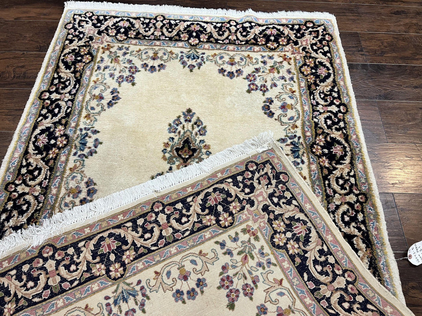 Persian Kirman Rug 4x7, Wool Hand Knotted Antique Carpet, Beige, Semi Open Field Medallion Rug, Traditional Handmade Oriental Rug