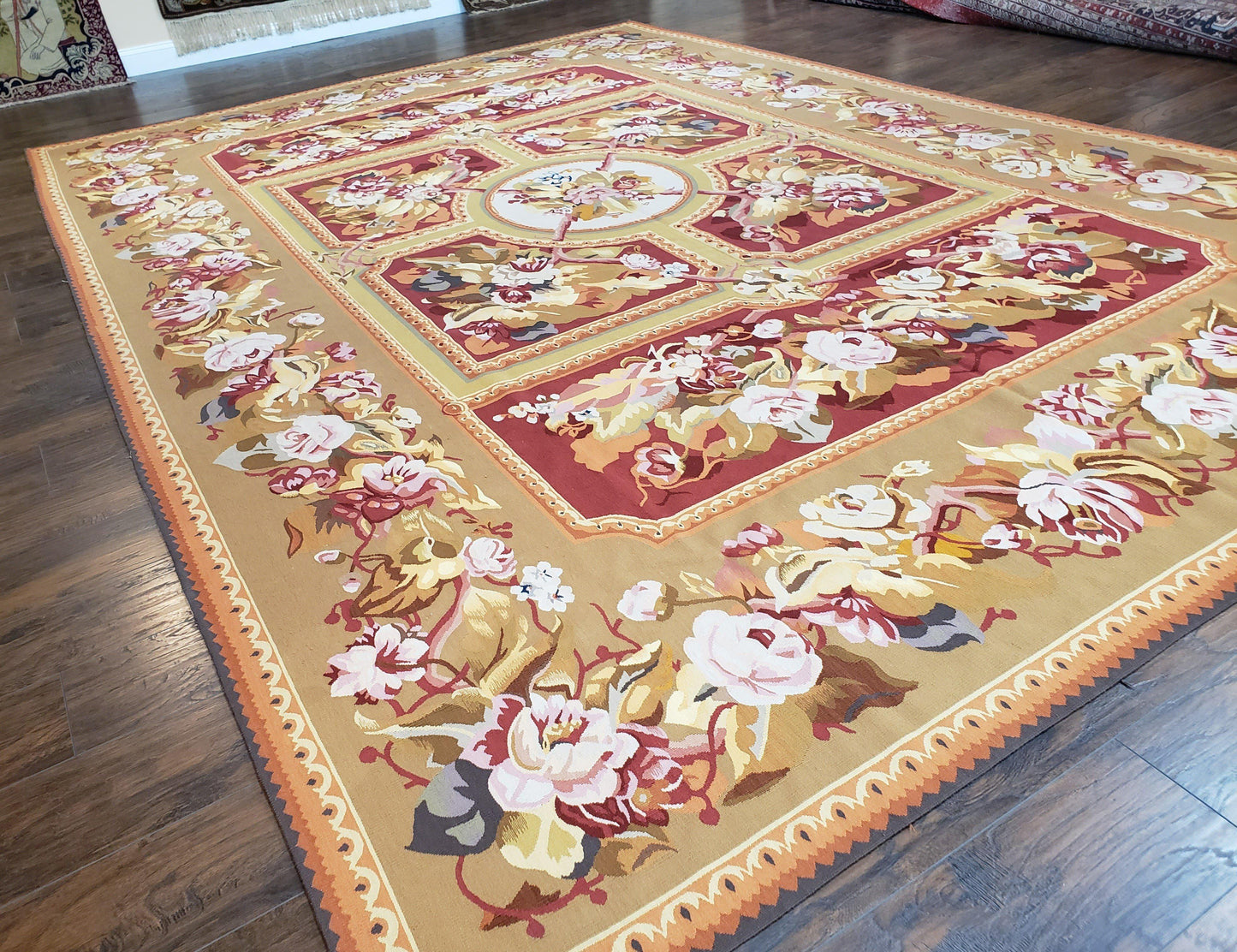 Vintage Chinese Aubusson Savonnerie Flat Pile Rug 9.9 x 14.5 Wool Handwoven Red & Khaki Large Flowers Rug 9x14 - 10x15 Michaelian Kolhberg