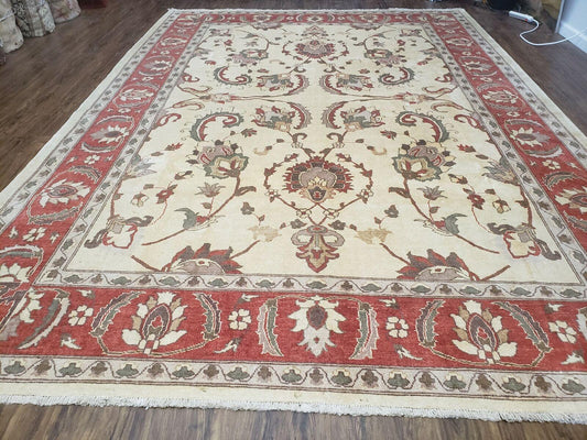 Peshawar Hand Knotted Wool Rug 9x12 Vintage 1990s One Of A Kind Garden Floral