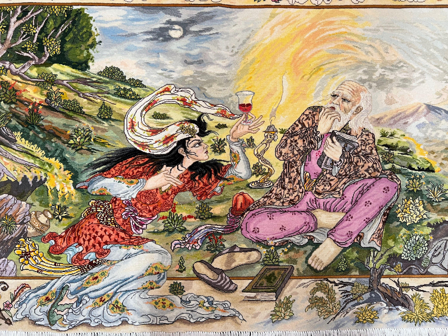 Persian Tabriz Pictorial Rug Hand Knotted Wool 5x3 Hafez Poetry Border