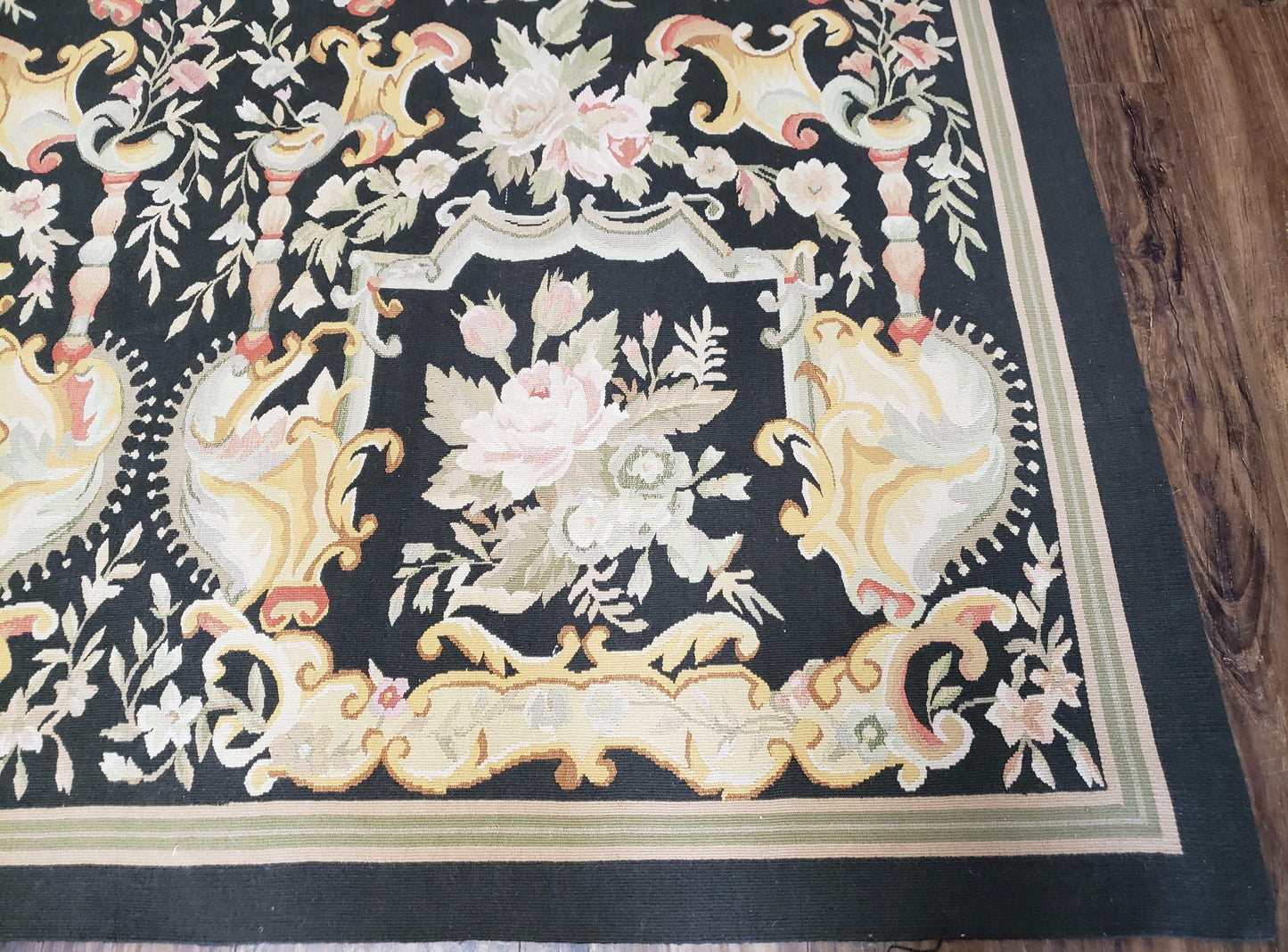 Vintage Black Aubusson Area Rug 8x10, Large Flowers Chinese Aubusson Carpet 7.9 x 10, Wool Hand-Knotted Floral Pattern Flat Weave Rug Nice