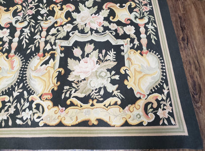 Vintage Black Aubusson Area Rug 8x10, Large Flowers Chinese Aubusson Carpet 7.9 x 10, Wool Hand-Knotted Floral Pattern Flat Weave Rug Nice