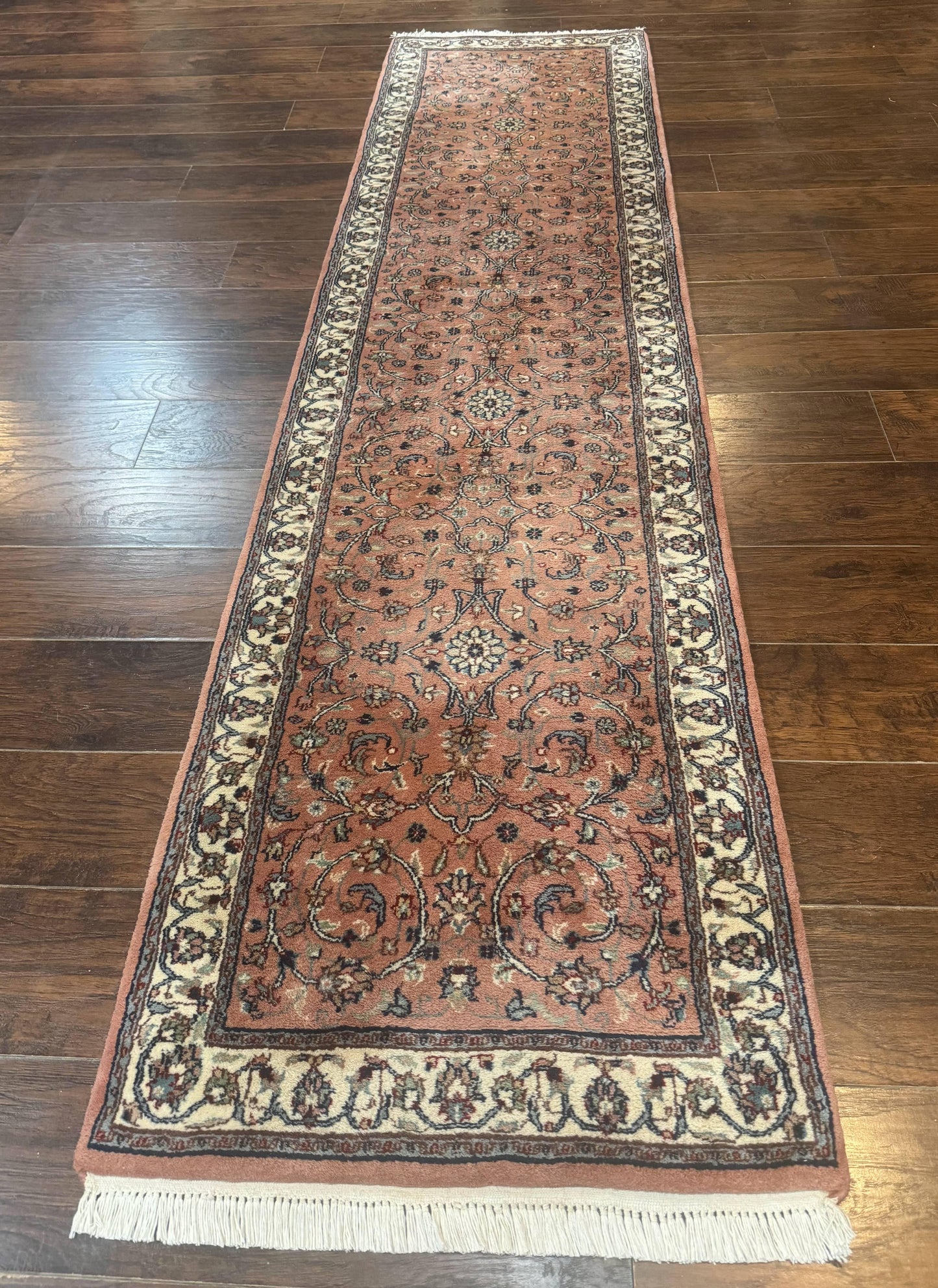 Indo Persian Runner Rug 2.6 x 10, Coral and Cream, Hand Knotted 10ft Wool Oriental Runner for Hallway or Kitchen