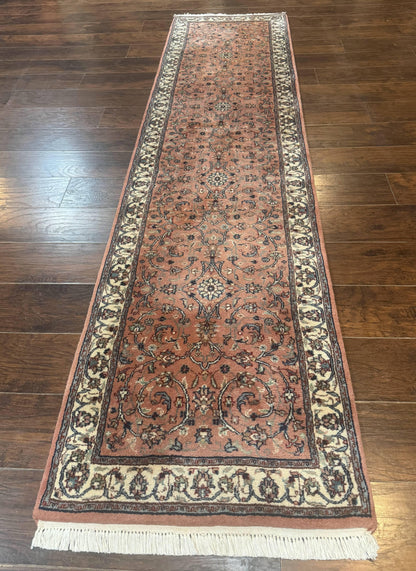 Indo Persian Runner Rug 2.6 x 10, Coral and Cream, Hand Knotted 10ft Wool Oriental Runner for Hallway or Kitchen