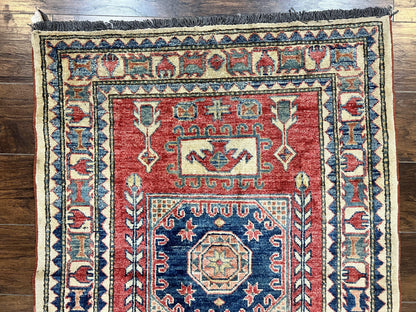 Turkish Kazak Rug 3x4 Hand Knotted Wool Vintage Carpet Red Navy Blue Geometric Design