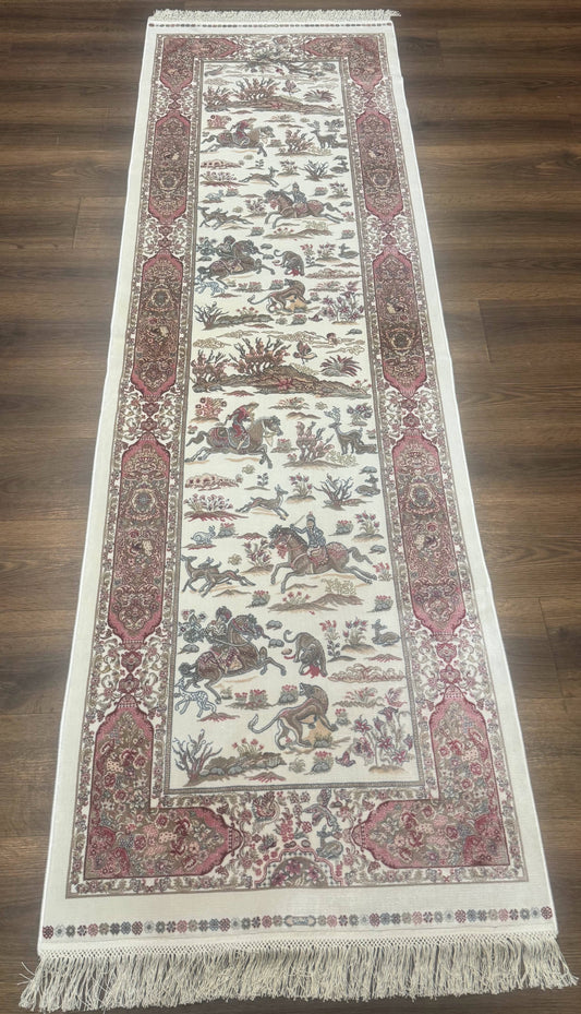 Turkish Silk Runner Rug 2.6 x 8, Hunting Design, Ivory, Bamboo Silk, New