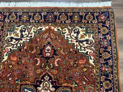 Indo Persian Heriz Rug 4x6 Handmade Wool Vintage Rust Red Navy Cream