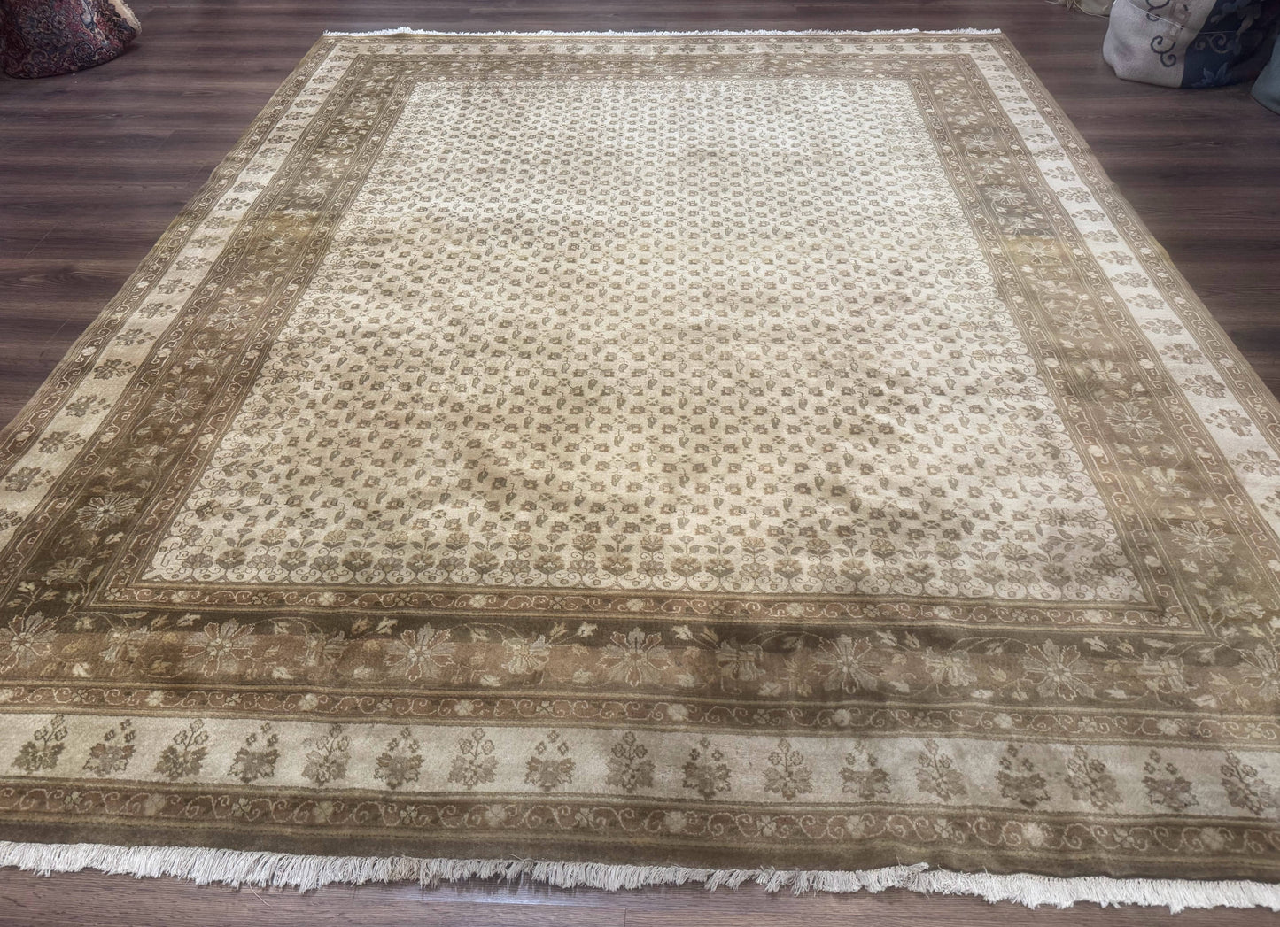 Indo Persian Rug, Allover Pattern, Beige, Wool Handmade Carpet